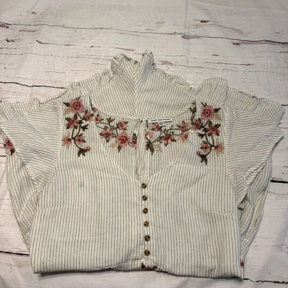 American Eagle Outfitters White Striped Floral Embroidered Romper - Picture 3 of 10